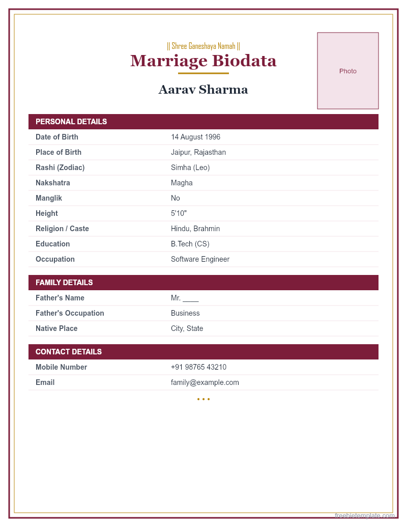 Hindu Marriage Biodata preview