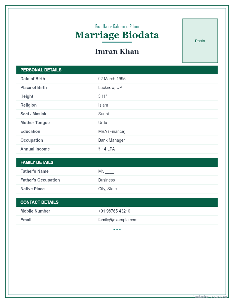 Muslim Marriage Biodata preview