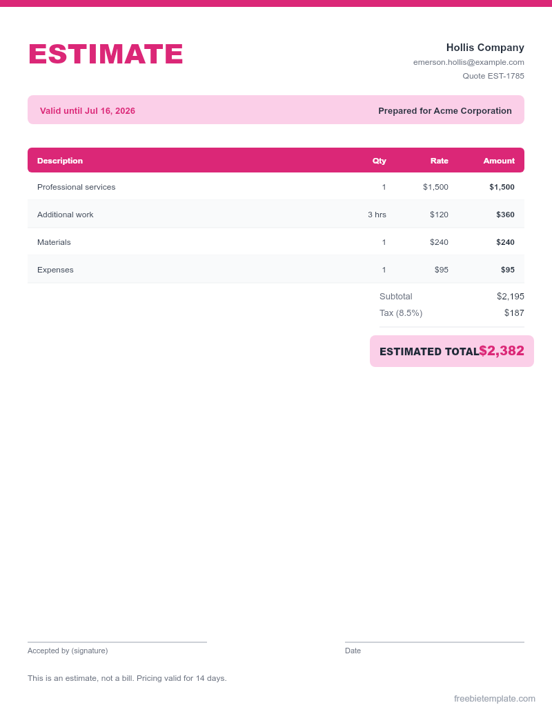 Quote / Estimate preview