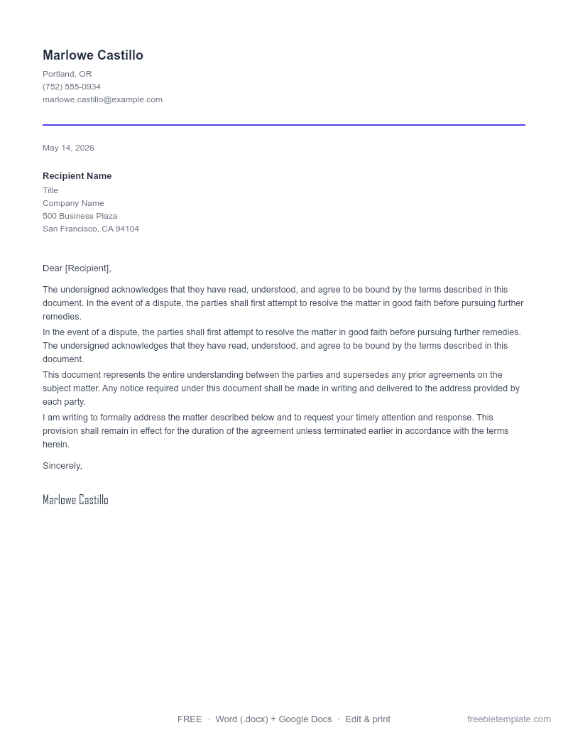 Professional Reference Letter preview